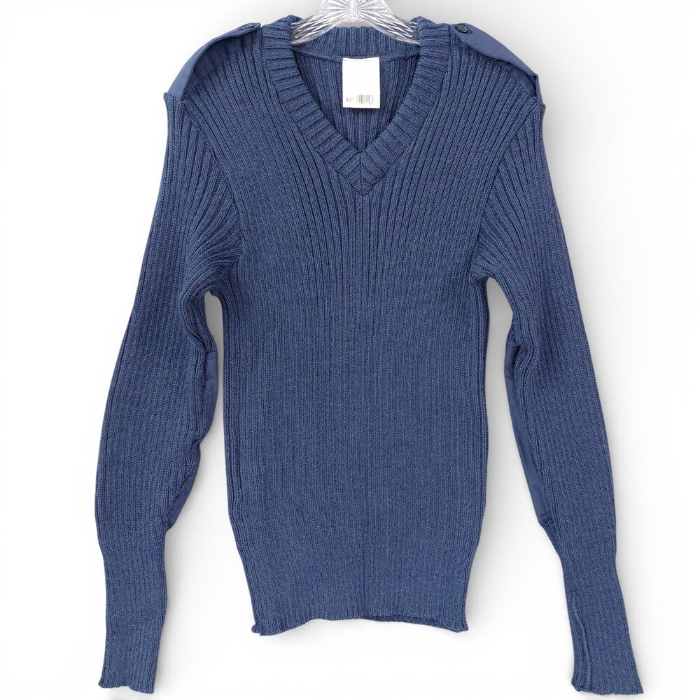 Vintage Military Wool V-Neck Sweater 42 Blue Elbow Patches USAF Issue